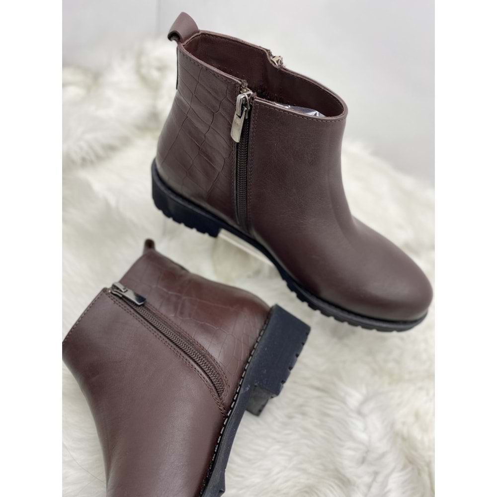 BURÇ GERÇEK DERİ ACI KAHVE ÇİFT FERMUARLI PÜSKÜL DETAYLI BİLEK BOY BOT (B1B) - ACI KAHVE - 37 - ST00943-ACI KAHVE-37