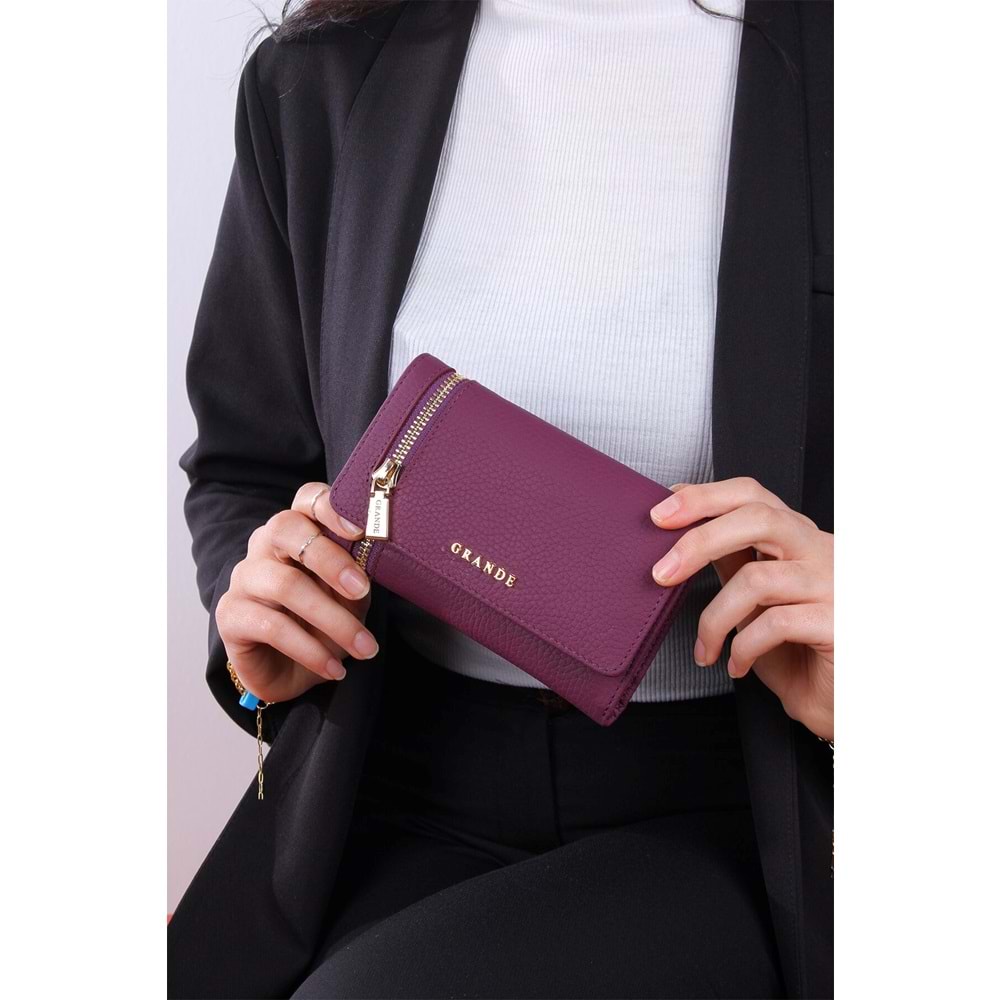 GRANDE - 2639 - GERÇEK DERİ KADIN CÜZDANI - MÜRDÜM - STANDART - ST02781-14173
