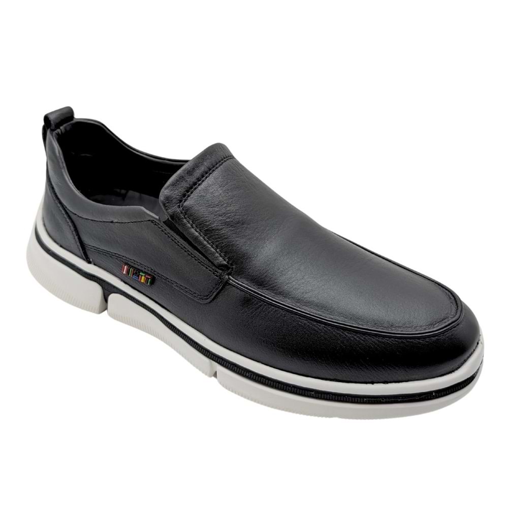 Voyager - M022 | Erkek Hakiki Deri Lastik Bağcıklı Casual Ayakkabı - SİYAH - 40