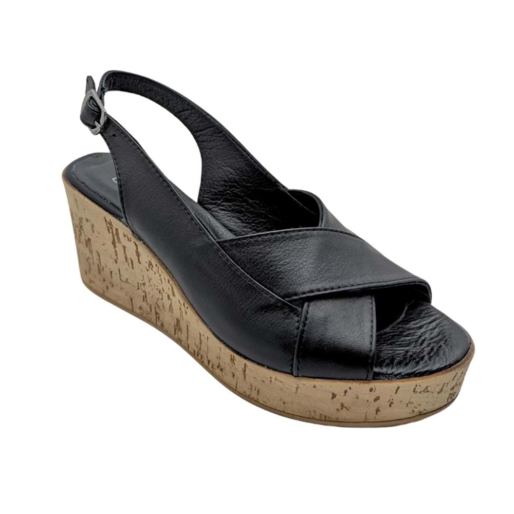 Hermosa - Kadın Dolgu Topuklu Hakiki Deri Sandalet - SİYAH - 36