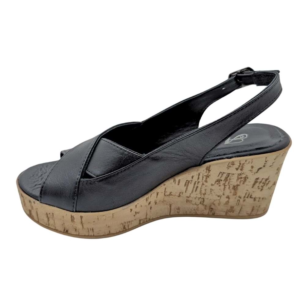 Hermosa - Kadın Dolgu Topuklu Hakiki Deri Sandalet - SİYAH - 36