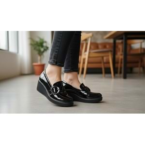 Qymara | Hakiki Deri Dolgu Topuklu Loafer - ÇİĞDEM KUNDURA - Qymara - SİYAH-RUGAN - 40