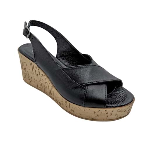 Hermosa - Kadın Dolgu Topuklu Hakiki Deri Sandalet - SİYAH - 36