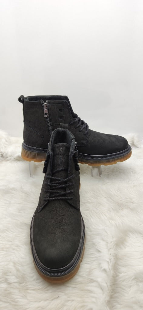 ÇİĞDEM SİYAH GERÇEK NUBUK DERİ YANI FERMUARLI , BAĞLI SPOR MODEL BOT (2207) - SİYAH