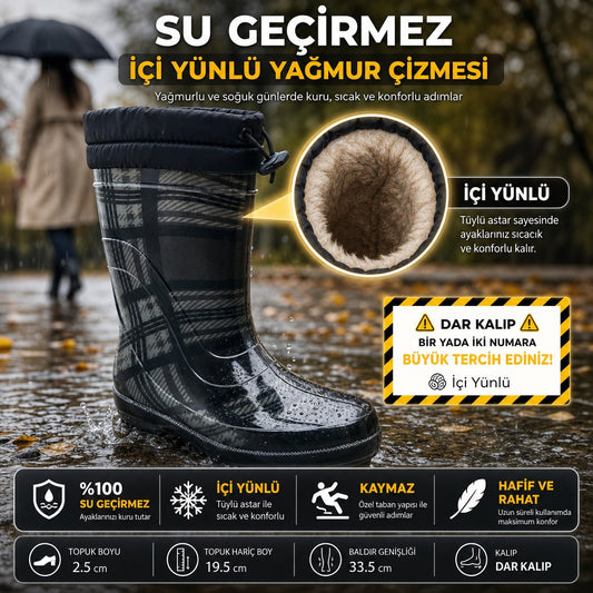 ÇİĞDEM İÇİ TÜYLÜ SİYAH-GRİ KARELİ LASTİK ÇİZME - SİYAH GRİ