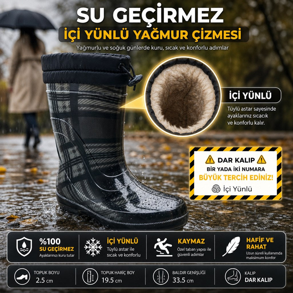 ÇİĞDEM İÇİ TÜYLÜ SİYAH-GRİ KARELİ LASTİK ÇİZME - SİYAH GRİ