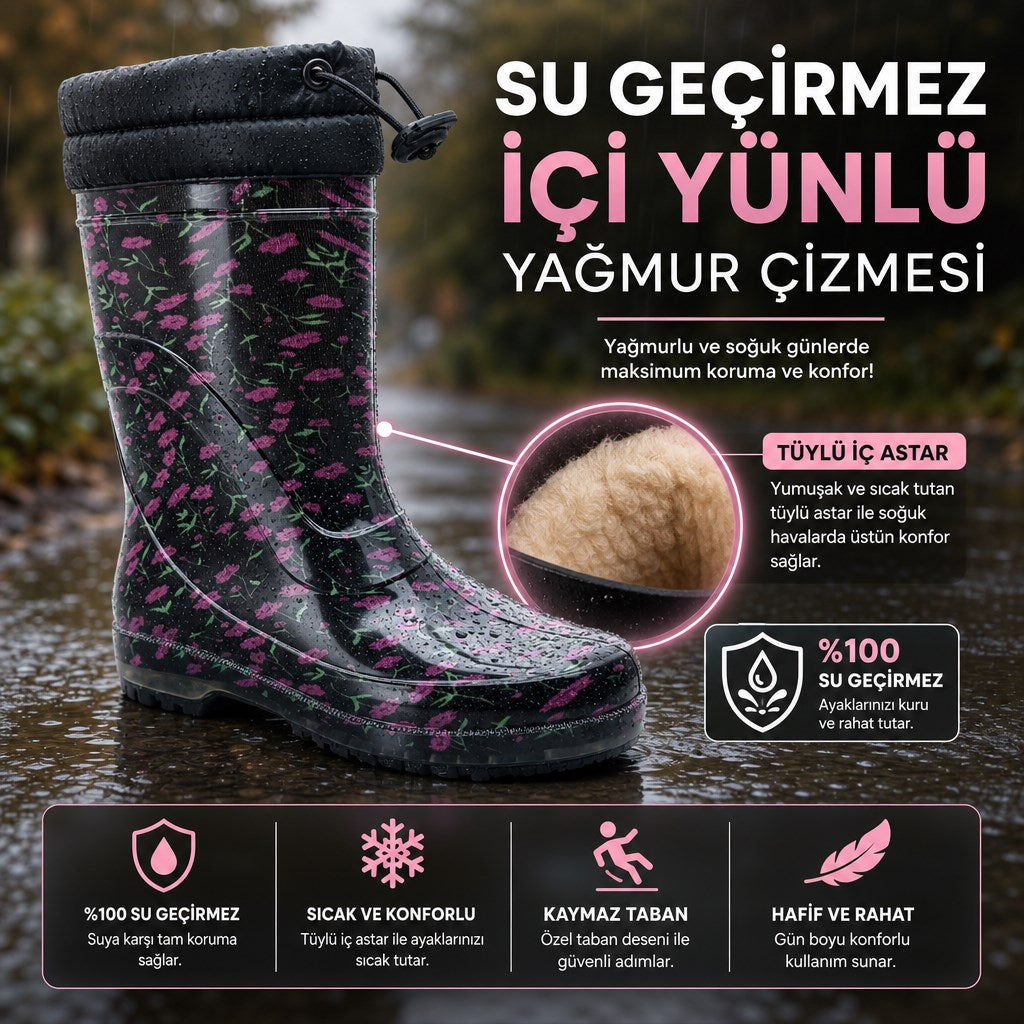 ÇİĞDEM İÇİ TÜYLÜ ÇİÇEKLİ LASTİK ÇİZME - RENKLİ-SİYAH-KIRMIZI