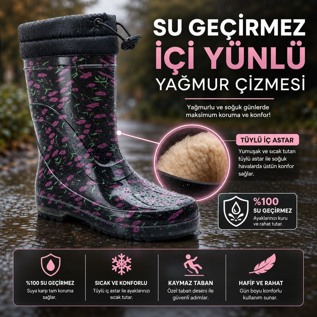 ÇİĞDEM İÇİ TÜYLÜ ÇİÇEKLİ LASTİK ÇİZME - RENKLİ-SİYAH-KIRMIZI