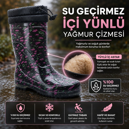 ÇİĞDEM İÇİ TÜYLÜ ÇİÇEKLİ LASTİK ÇİZME - RENKLİ-SİYAH-KIRMIZI