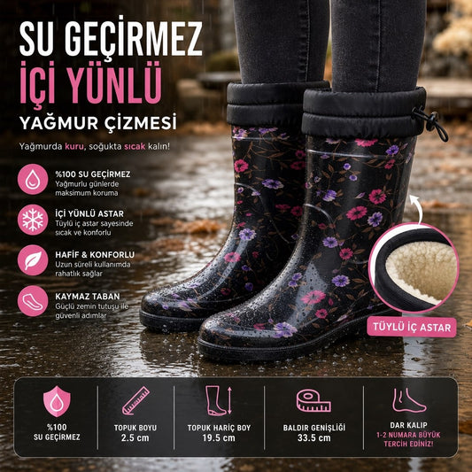 ÇİĞDEM İÇİ TÜYLÜ ÇİÇEKLİ LASTİK ÇİZME - RENKLİ