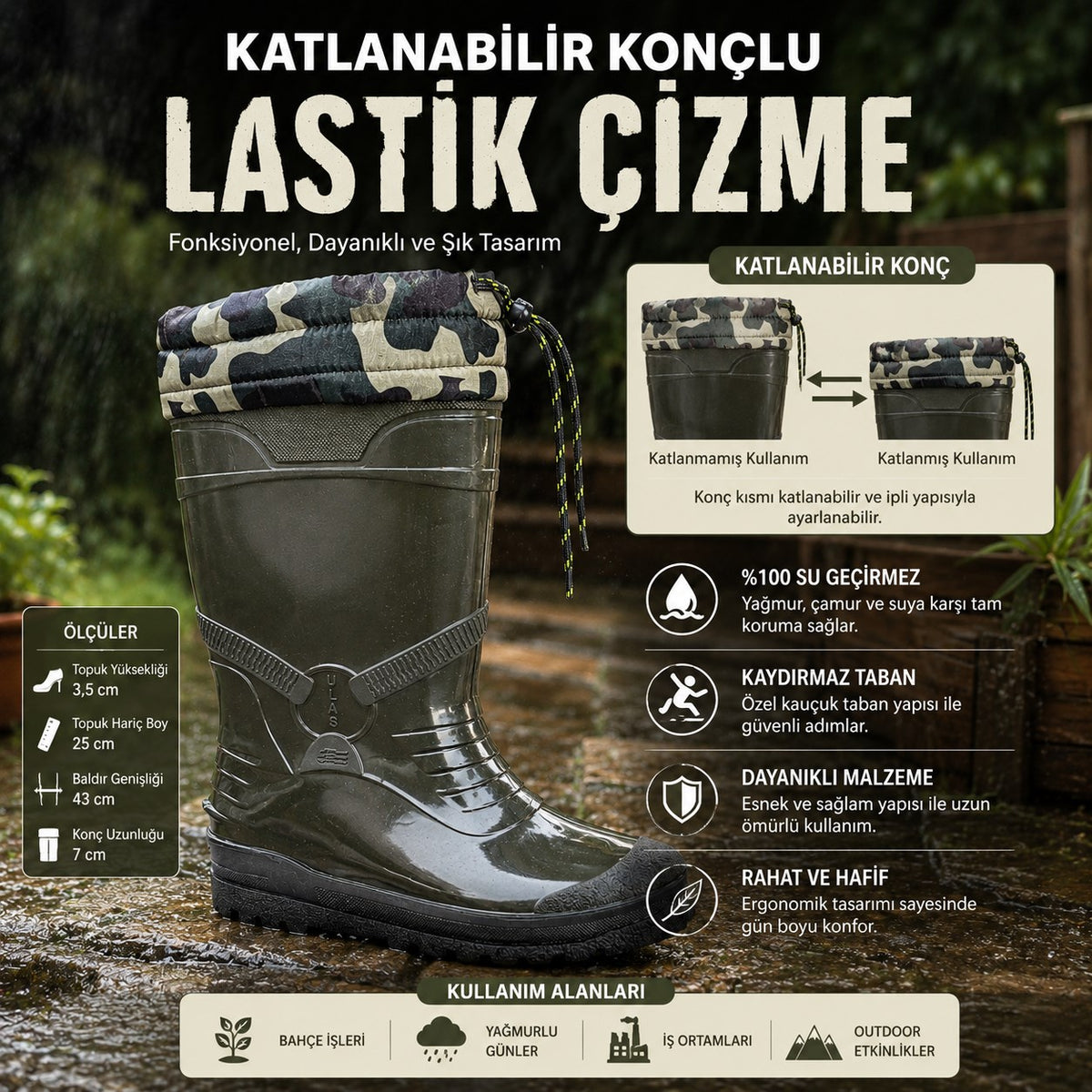 ULAŞ İÇİ TÜYSÜZ KONÇLU İŞ-BAHÇE-YAĞMUR ÇİZMESİ - HAKİ YEŞİL