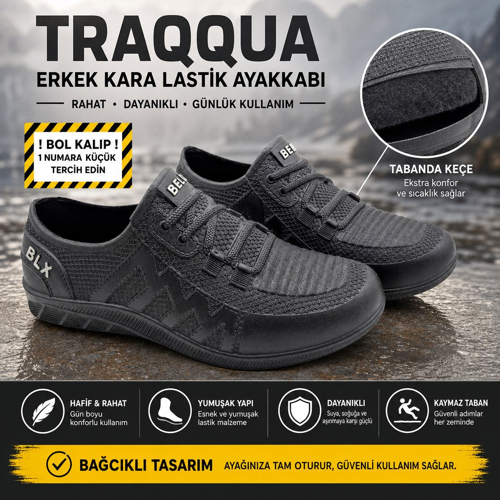 Traqqua | Erkek Kara Lastik Ayakkabı | Rahat ve Dayanıklı - Traqqua - SİYAH