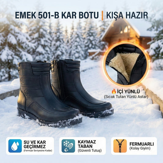Emek - 501-B | Erkek İçi Yünlü Kar Botu | Su ve Kar Geçirmez - SİYAH