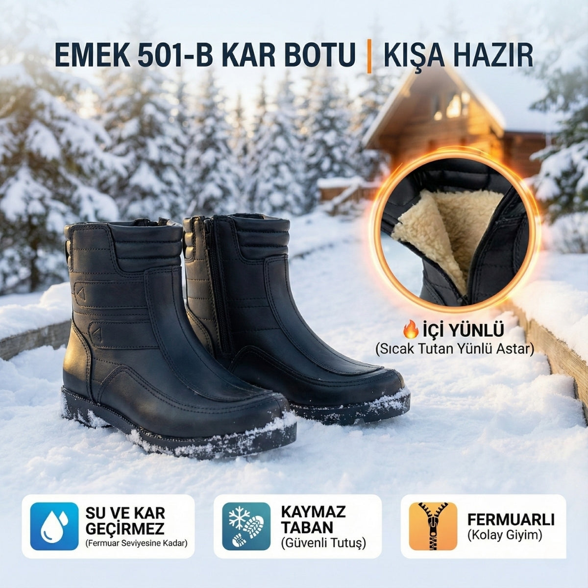 Emek - 501-B | Erkek İçi Yünlü Kar Botu | Su ve Kar Geçirmez - SİYAH