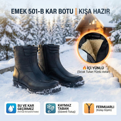 Emek - 501-B | Erkek İçi Yünlü Kar Botu | Su ve Kar Geçirmez - SİYAH