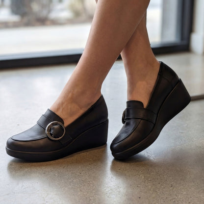 Qymara | Hakiki Deri Dolgu Topuklu Loafer - SİYAH