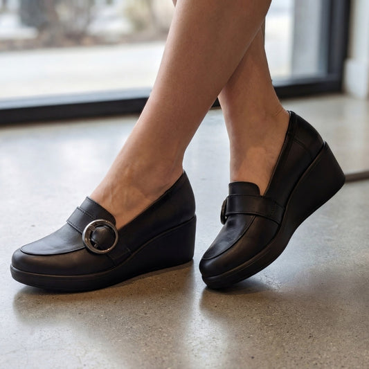 Qymara | Hakiki Deri Dolgu Topuklu Loafer - SİYAH
