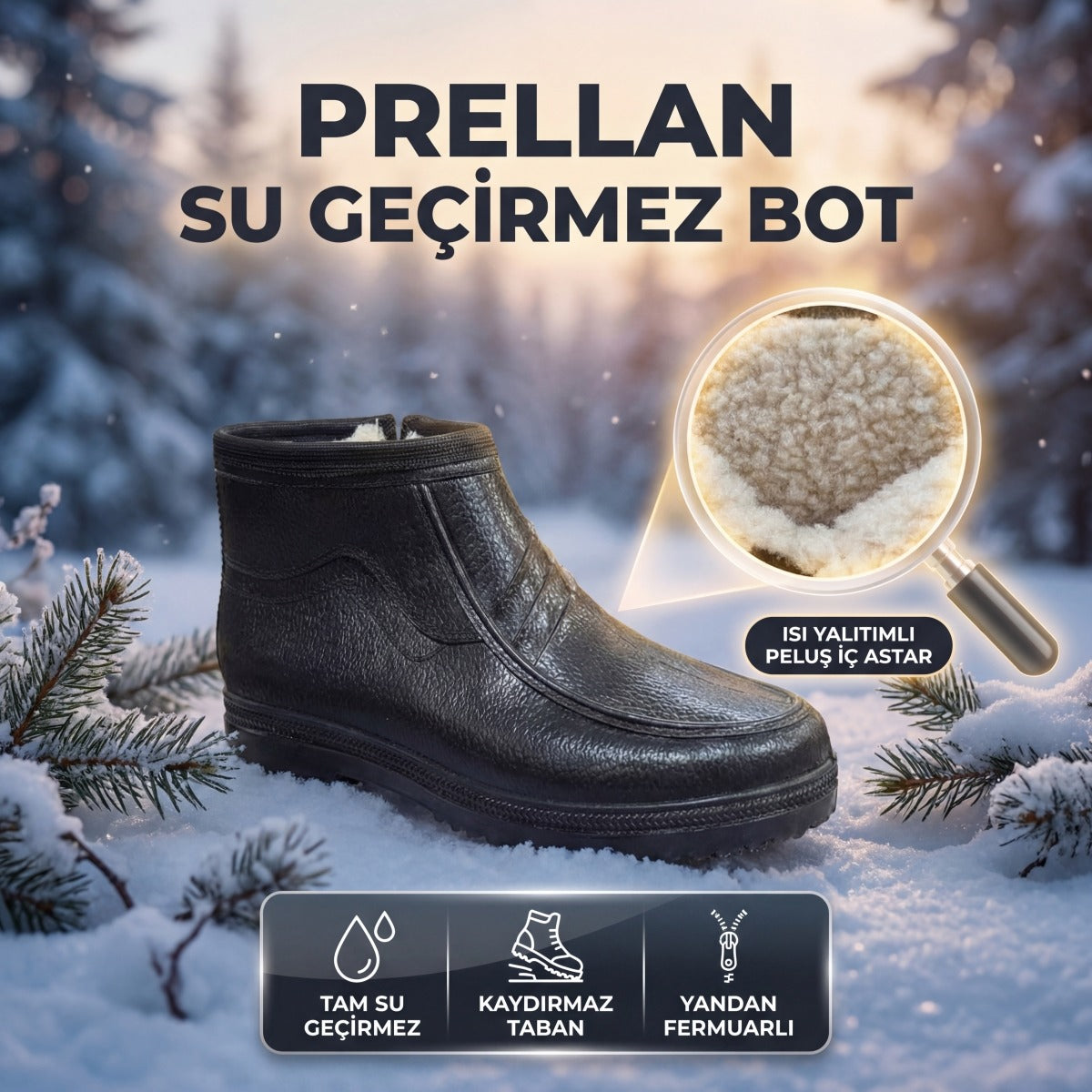 Prellan - Su Geçirmez İçi Peluş Kürklü Yandan Fermuarlı Kışlık Bot - SİYAH