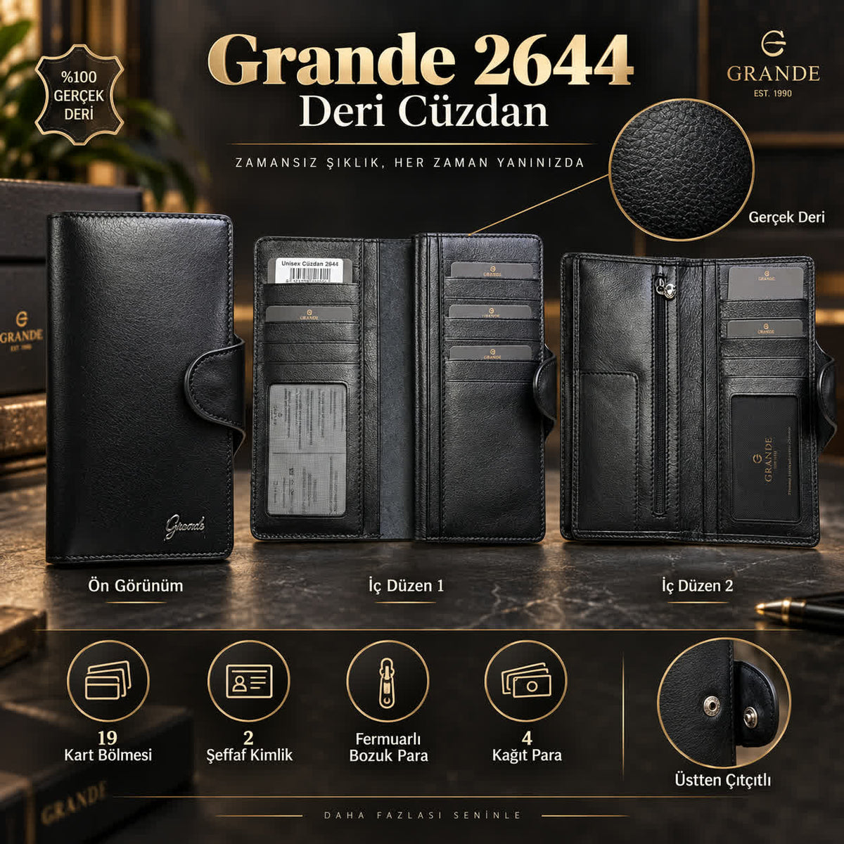 Grande 2644 Gerçek Deri Cüzdan - SİYAH