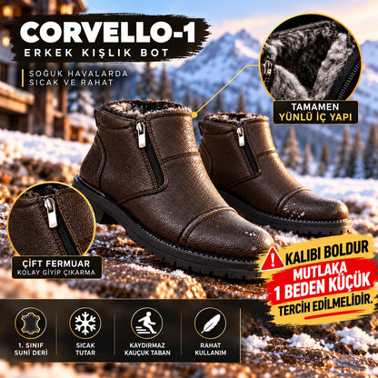 Corvello-1 Erkek İçi Yünlü Çift Fermuarlı Rahat Kışlık Bot - KAHVERENGİ